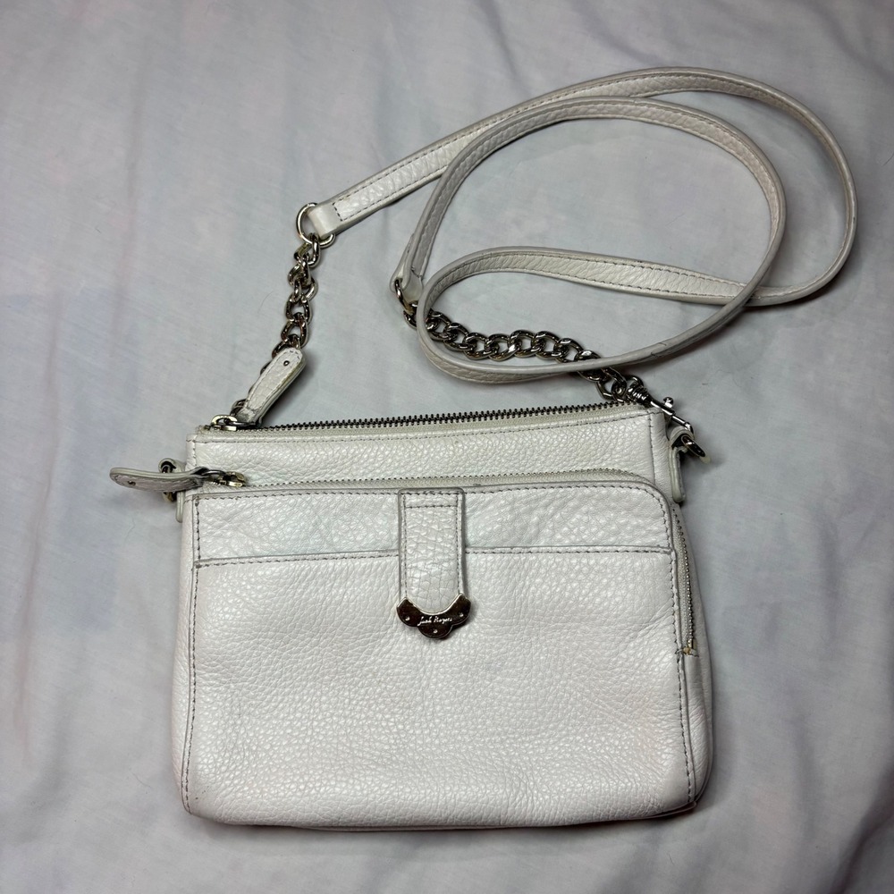 Jack Rogers White Pebbled Leather Crossbody Organizer Bag Silver Chain Strap